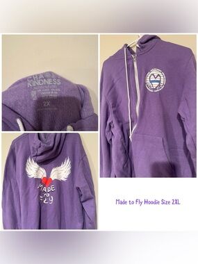 Purple "Made to Fly" Zip-Up Hoodie with Wings Graphic - 2X
